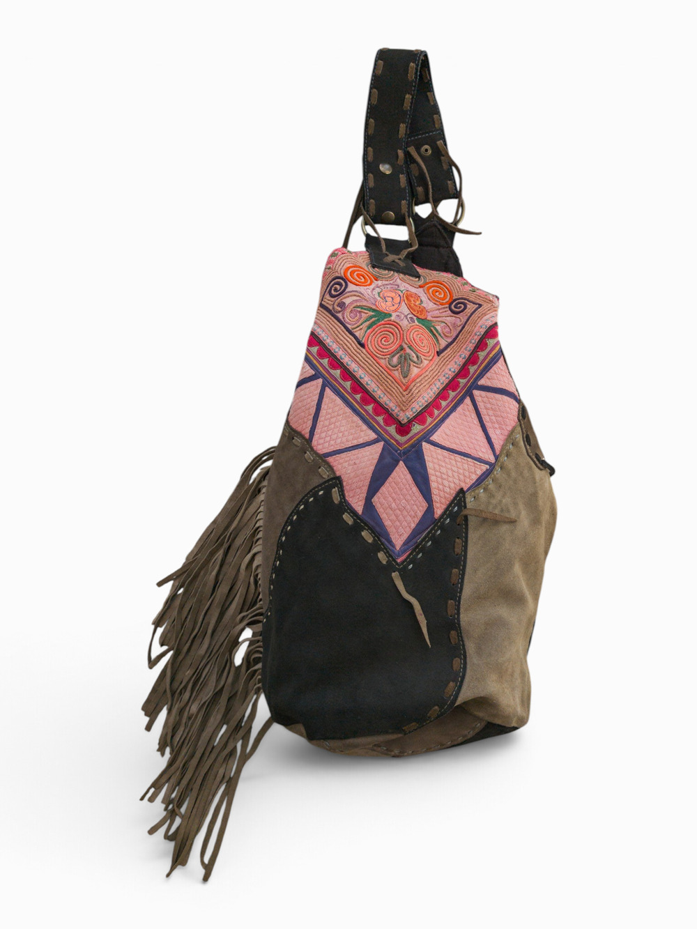 J.P. & Mattie Embroidered Suede & Cotton Bucket Bag, Fringed Boho Hobo